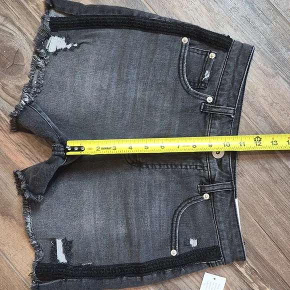 INC Denim Black Distressed High Rise Embroidery Detail Denim Jean Shorts, Size 2 - Picture 10 of 16